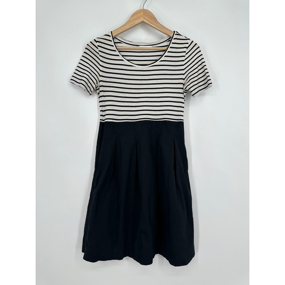 COS Striped Mini Dress Pleated Scoop Neck Short Sleeve A-Line Twofer Black White